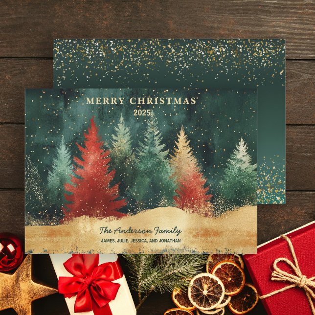 Cartão De Festividades Árvore de Natal Verde Dourado Luxuoso Elegante  (Elegant green, red, and gold glitter trees "Merry Christmas" greeting card)