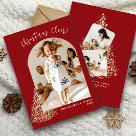 Cartão De Festividades Árvore de Natal Vermelha Dourada Duas Fotos 2023