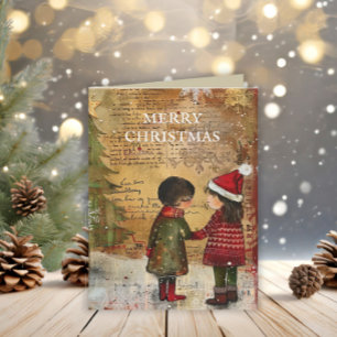 Cartão De Festividades Árvore de Natal Vintage Crianças Inverno Neve