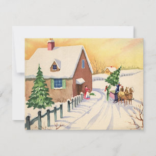 Cartão De Festividades Árvore de Natal Vintage em uma Estrada de Inverno 