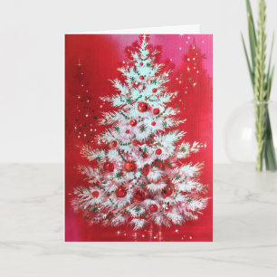 Cartão De Festividades Árvore de Natal Vintage em Vermelho com Sua Assina