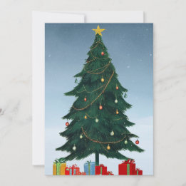 Cartão De Festividades Árvore de Natal Vintage Estrela Dourada e Presente