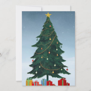 Cartão De Festividades Árvore de Natal Vintage Estrela Dourada e Presente