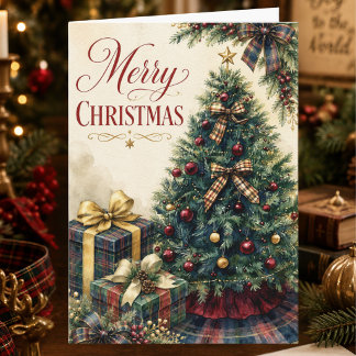 Cartão De Festividades Árvore de Natal Vintage Tartan Plaid Férias Natal