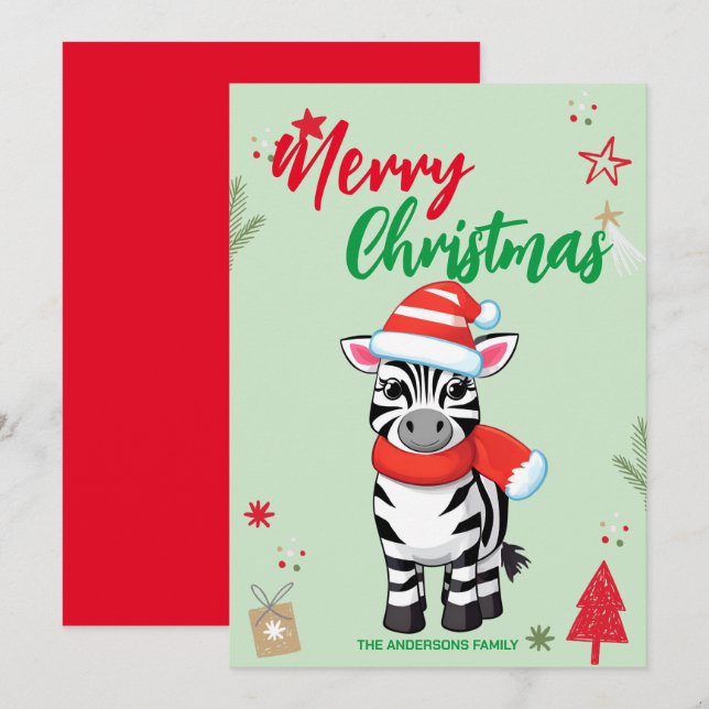 Cartão De Festividades Árvore de Natal Zebra Fofa nome da família de féri (Frente/Verso)