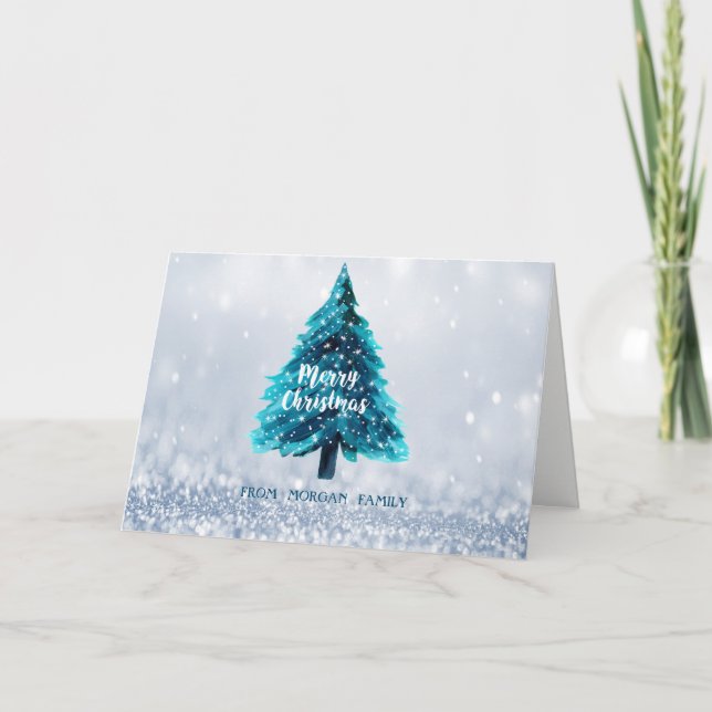 Cartão De Festividades Árvore de Pinheiro Azul Bokeh Natal (Frente)