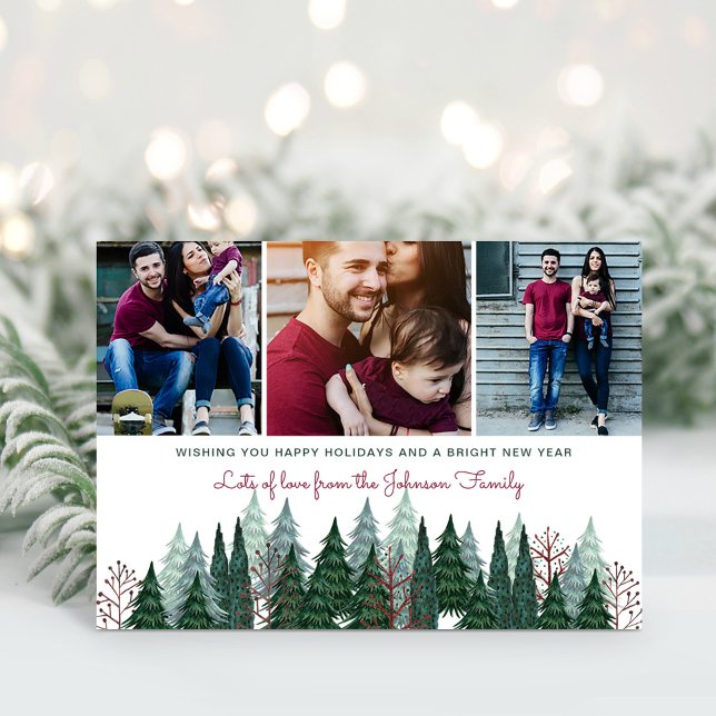 Cartão De Festividades Árvore de pinheiro de Natal da família rustica (Rustic Family Photo Christmas Pine Tree Holiday Card)