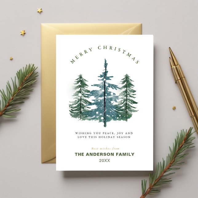 Cartão De Festividades Árvore de Pinheiro Florestal Elegante de Aquarela  (Watercolor Elegant Forest Pine Tree Christmas Holiday Card)