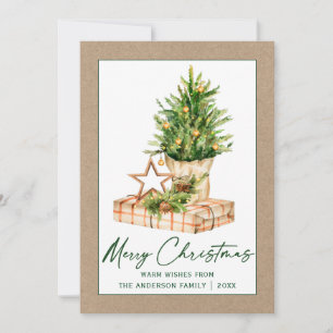 Cartão De Festividades Árvore do pinheiro Kraft Watercolor com Script de