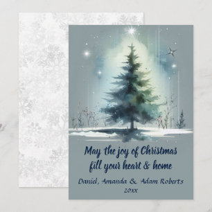 Cartão De Festividades Árvore em Estilo Aquarela Contra Fundo Azul Médio