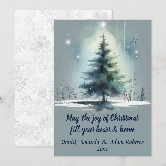 Cartão De Festividades Árvore em Estilo Aquarela Contra um Fundo Azul Méd (Frente/Verso)