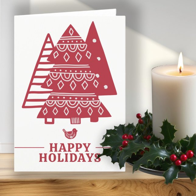 Cartão De Festividades Árvore escandinava - Natal nórdico personalizado (Scandinavian Tree Nordic Christmas Personalized Holiday Card by Ricaso. Red Scandi Christmas trees)