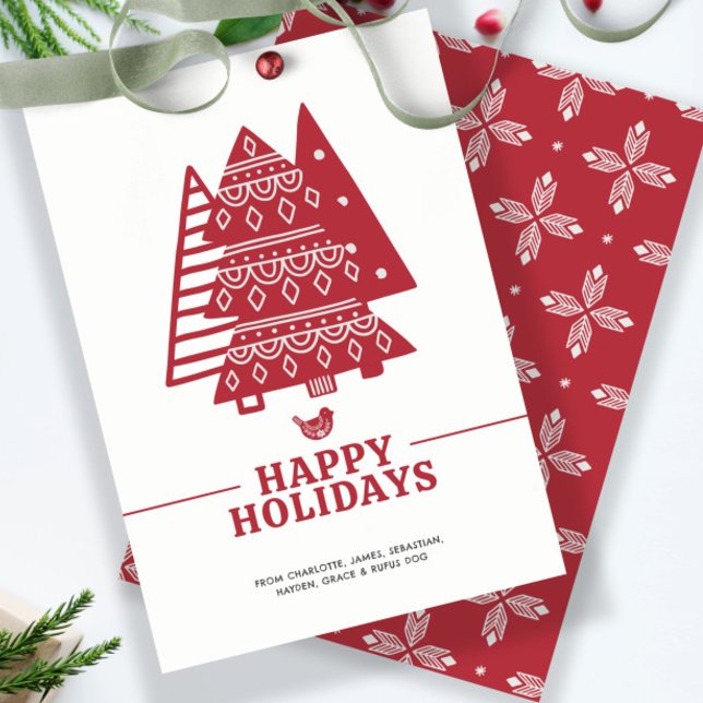 Cartão De Festividades Árvore escandinava - Natal nórdico personalizado (Scandinavian Tree Nordic Christmas Personalized Holiday Card by Ricaso. Designed in red and white.)