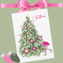 Cartão De Festividades Árvore Feliz de Natal Flamingo Pastel Rosa