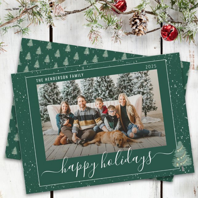 Cartão De Festividades Árvore Festiva Moderna Luzes Festivas Neve Foto Ve (Modern watercolor christmas tree festive lights snow family photo happy holidays green card Elegant)