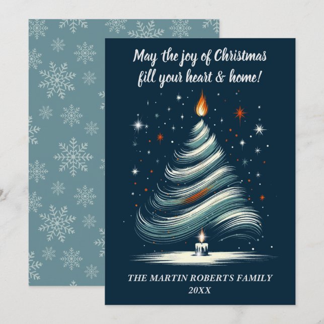 Cartão De Festividades Árvore Moderna em Azul e Cinza com Vela (Frente/Verso)