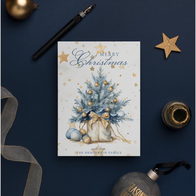 Cartão De Festividades Árvore Natal Dourada Caligrafia Azul (Criador carregado)