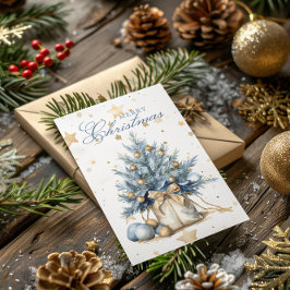 Cartão De Festividades Árvore Natal Dourada Caligrafia Azul