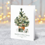 Cartão De Festividades Árvore Natal Elegante Aquarela Não Foto<br><div class="desc">Cartão de Natal elegante, não fotográfico, com uma árvore de Natal festiva, enfeitada com ornamentos de vidro e cercada por presentes embrulhados. Personalize o cartão adicionando uma saudação personalizada, seu nome de família e o ano. Adicione uma mensagem personalizada ao dentro da placa ou deixe o vazio para escrever o...</div>