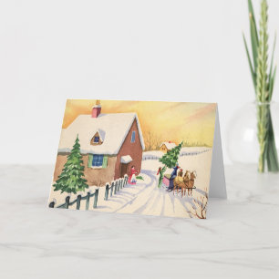 Cartão De Festividades Árvore natal vintage em uma estrada Snowy Winter