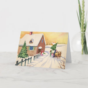 Cartão De Festividades Árvore natal vintage em uma estrada Snowy Winter
