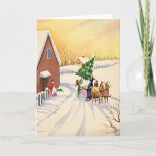 Cartão De Festividades Árvore natal vintage em uma estrada Snowy Winter