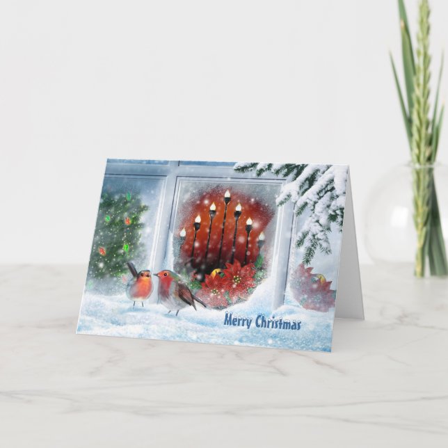 Cartão De Festividades Árvore natalícia, velas, poinsettia e ladrão verme (Frente)