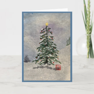Cartão De Festividades Árvore natalina de aquarela com placa de neve 5x7