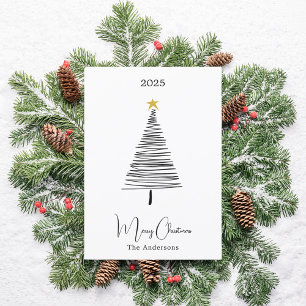 Cartão De Festividades Árvore simples preto e branco boho Natal