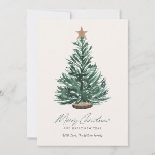 Cartão De Festividades Árvore Verde da Placa de Natal em Aquarela com Est