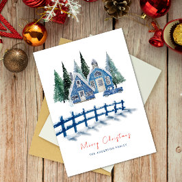 Cartão De Festividades Árvores Azuis, Cor de Água, Bonita, Natal