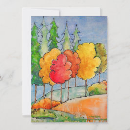 Cartão De Festividades Árvores Brilhantes em Vermelho e Laranja Aquarela 