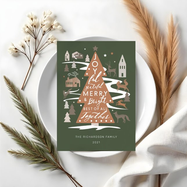 Cartão De Festividades Árvores de Natal Animais de Floresta e Vila Cozy (Simple Joy Woodland Animals & Cozy Village Photo Holiday Card)