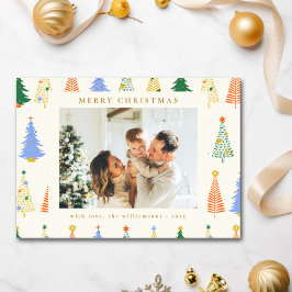 Cartão De Festividades Árvores de Natal bonitas Boho Verde Vermelho Duas 