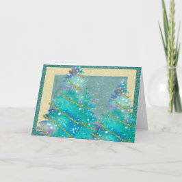 Cartão De Festividades Árvores de Natal com brilho único verde e Dourado