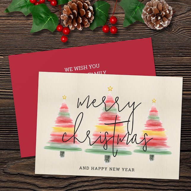 Cartão De Festividades Árvores de Natal de Aquarela (Watercolor striped Christmas trees flat holiday greeting cards feature your greeting on the back.)