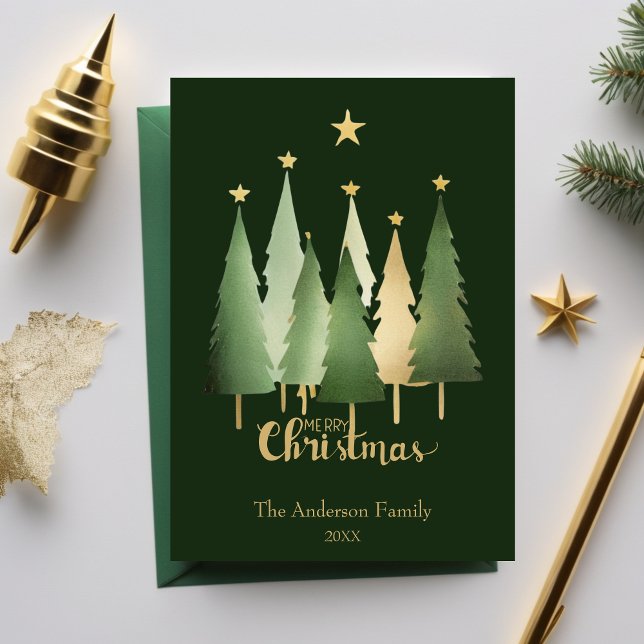 Cartão De Festividades Árvores de natal de aquarela, verde simples e mini (Watercolor Christmas Trees Minimalist Simple Green Holiday Card)