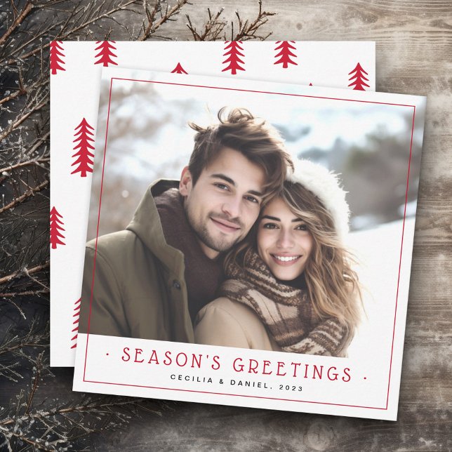 Cartão De Festividades Árvores de Natal minimamente bonitinhas, foto verm (Minimal cute Christmas trees photo red white Holiday Card)