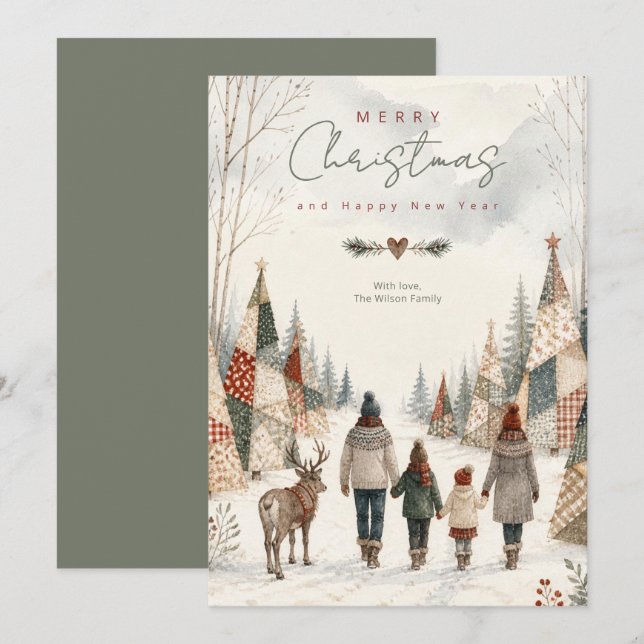 Cartão De Festividades Árvores de Natal Patchwork Rena Winter TMF26 (Frente/Verso)