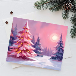 Cartão De Festividades Árvores de Natal Rosa Pastel Inverno Aquarela
