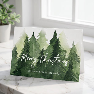 Cartão De Festividades Árvores de Pinheiro Aquarela Negócios Feliz Natal