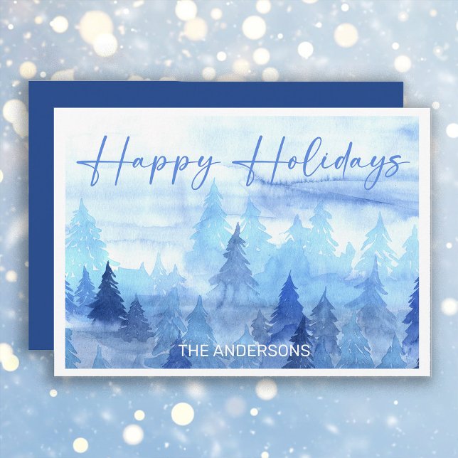 Cartão De Festividades Árvores de Pinheiro em Aquarela Azul Inverno Feliz (Blue and white "Happy Holidays" greeting card personalized with your own text.)