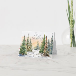 Cartão De Festividades Árvores de Pinheiro em Aquarela Feliz Natal