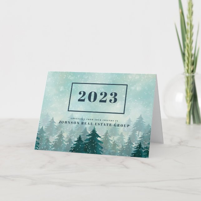 Cartão De Festividades Árvores de Pinheiros Verdes com Aquarela | Saudaçõ (Frente)