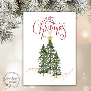 Cartão De Festividades Árvores Elegantes em Aquarela, "Feliz Natal"