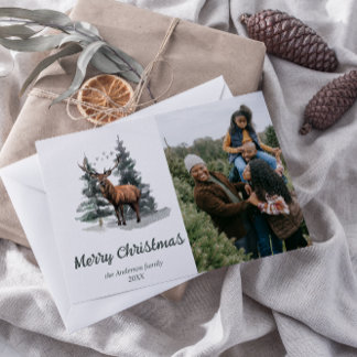 Cartão De Festividades Árvores Florestais de Aquarela Foto Feliz Natal