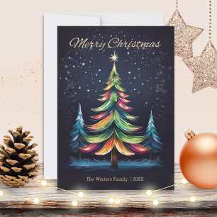 Cartão De Festividades Árvores Modernas Coloridas de Inverno Neve Feliz N