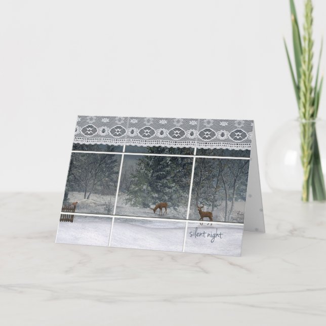 Cartão De Festividades árvores noturnas e veados olhando pela janela (Frente)