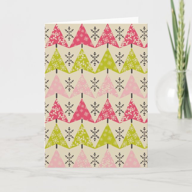 Cartão De Festividades Árvores rosa e verde com flocos de neve (Frente)