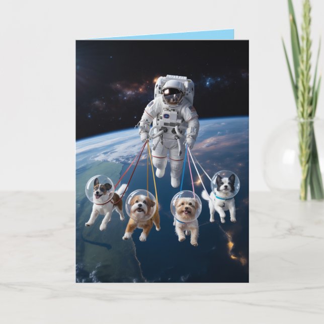 Cartão De Festividades Astronaut Walkin' the Dog Card (Frente)